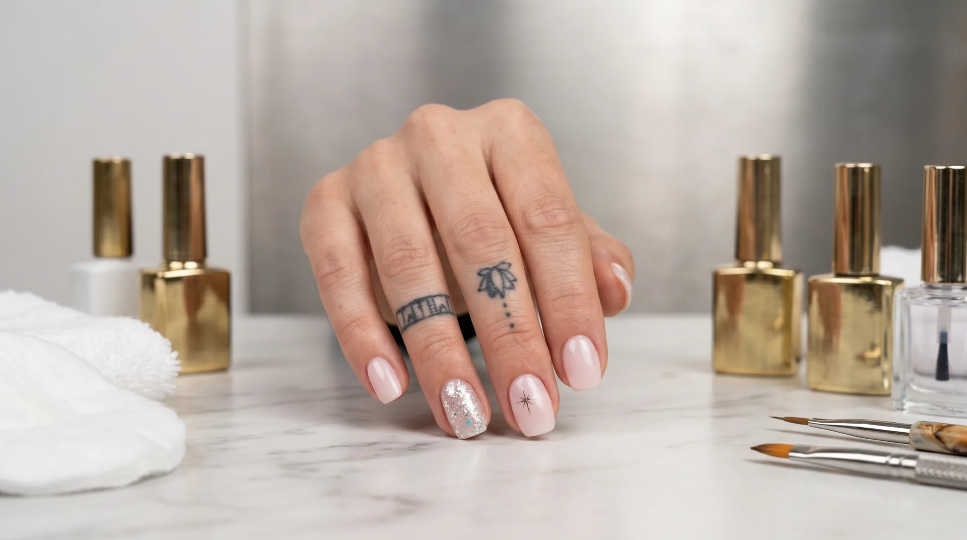 Naildesign mit Glitter und Goldakzenten